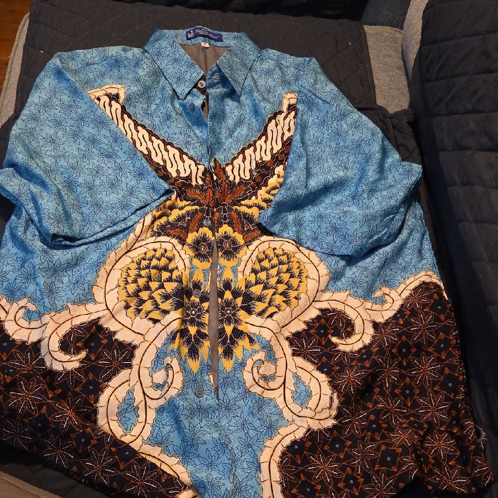 Indonesian Men's Batik Blue and Brown Casual Button Down Shirt